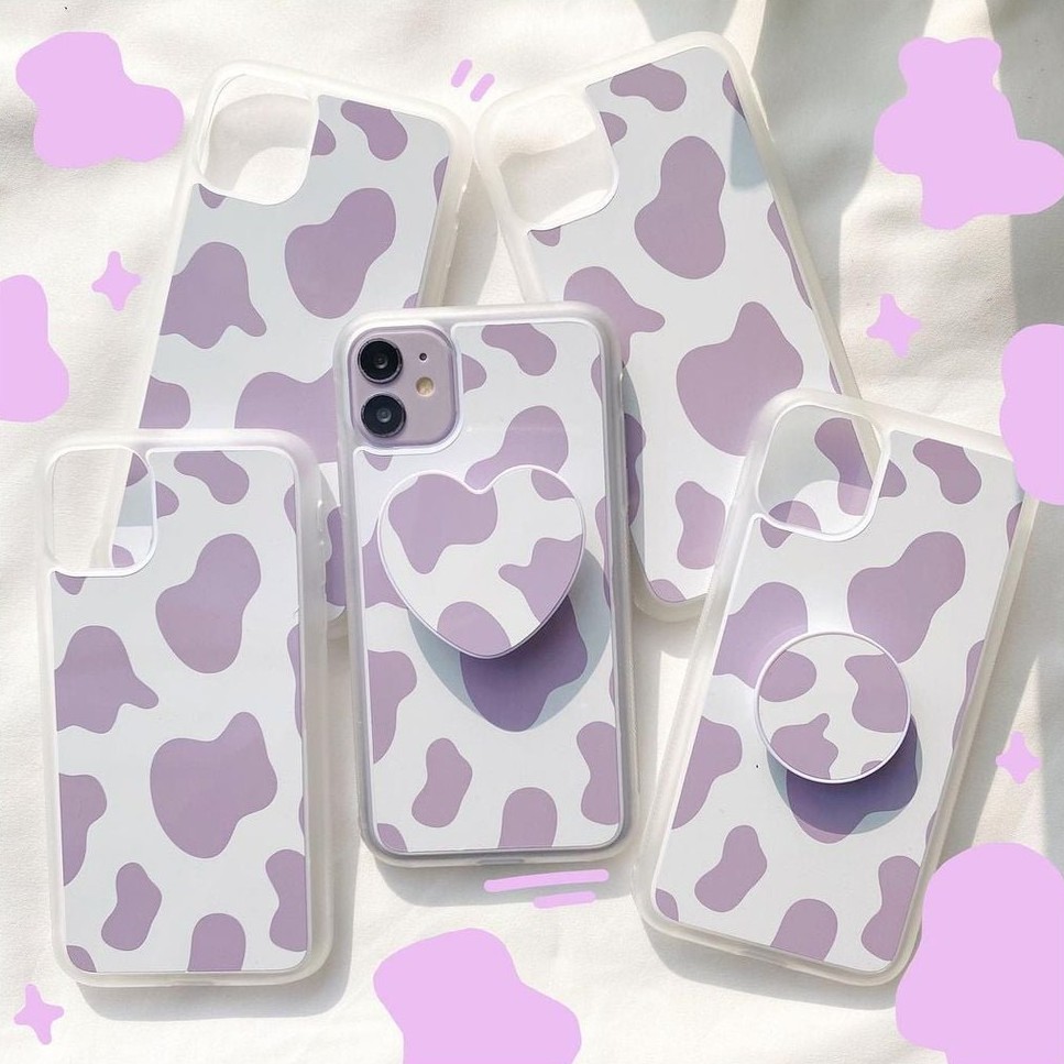 [HOTDEAL99K] Combo ốp lưng iPhone dẻo viền trắng kèm giá đỡ Weekase in hình họa tiết bò sữa tím, tất cả dòng máy