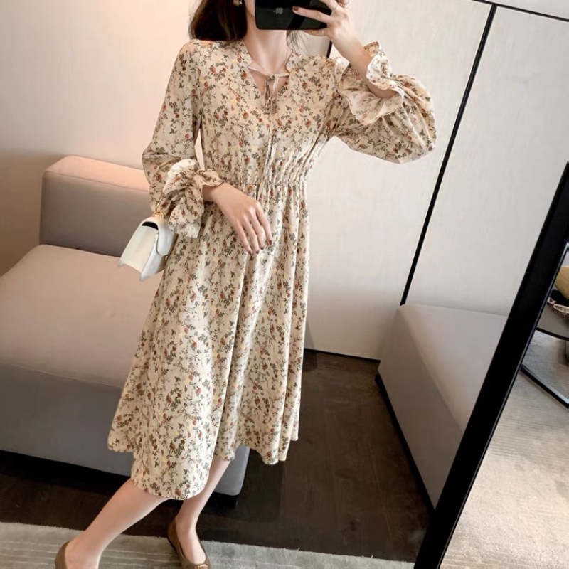 Đầm nữ in hoa tay dài thời trang retro phong cách Hàn Quốc