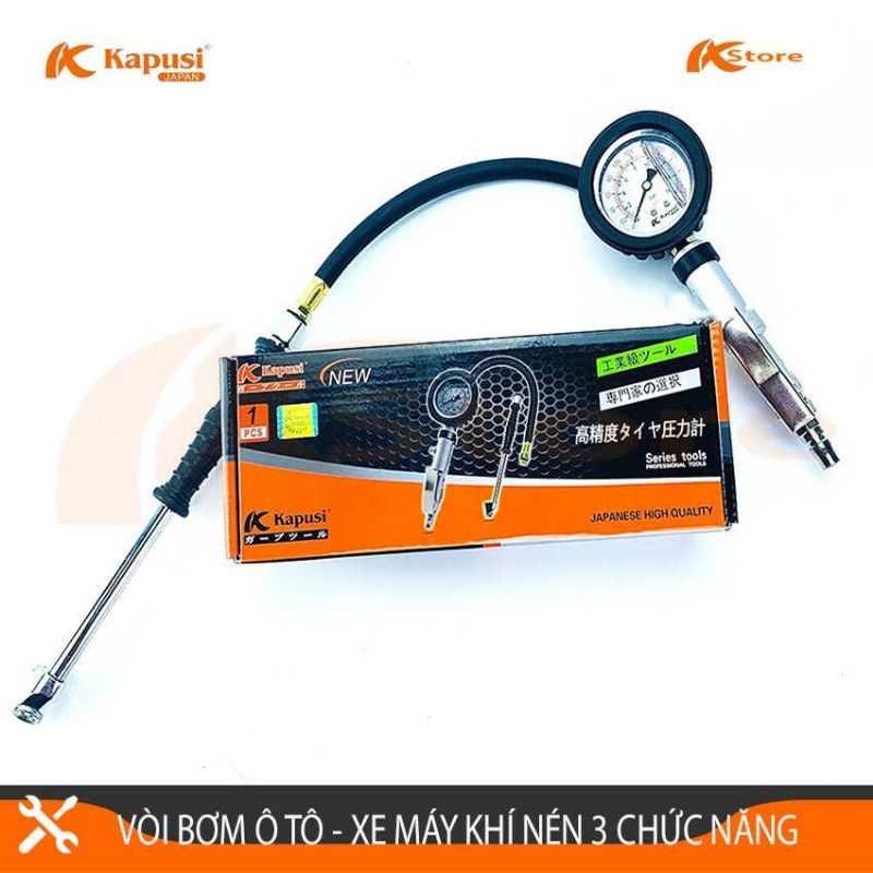 Bơm lốp đồng hồ khí nén nhật bản kapusi, súng bơm lốp ô tô 2 đầu, tay bơm xe tải