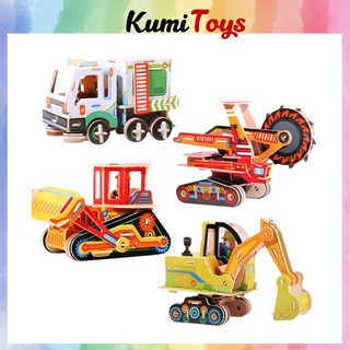 Xếp hình 3D ô tô máy xúc máy cẩu cho bé phát triển sáng tạo Kumi toys