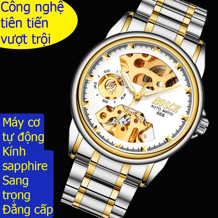 Đồng hồ cơ BOSCK 668 tự động automatic nam chính hãng cao cấp giá rẻ mặt tròn đeo tay dây kim loại