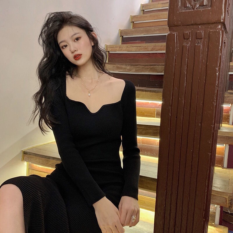 COZOK Đầm dài cổ vuông nhấn eo phong cách cổ điển