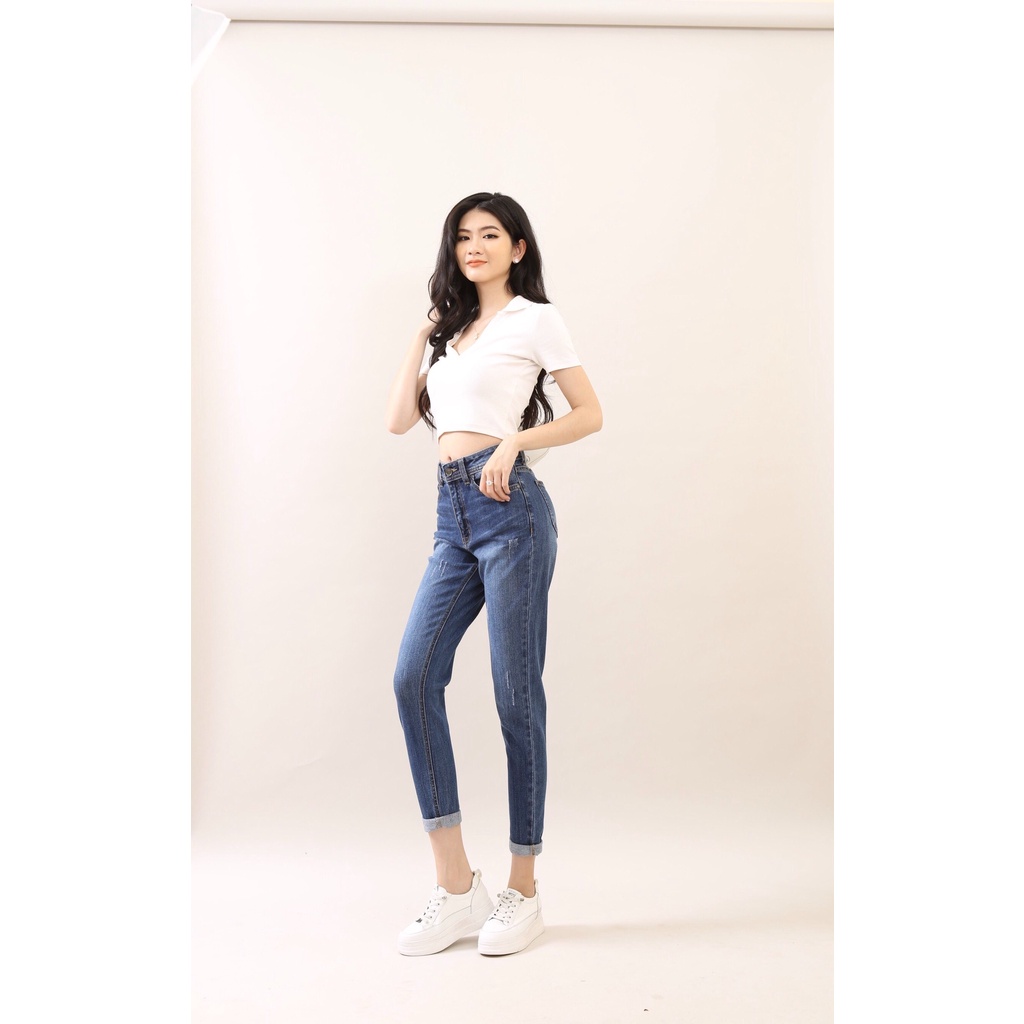 Quần jean nữ boyfriend baggy xước 9 tấc co giãn CT JEANS