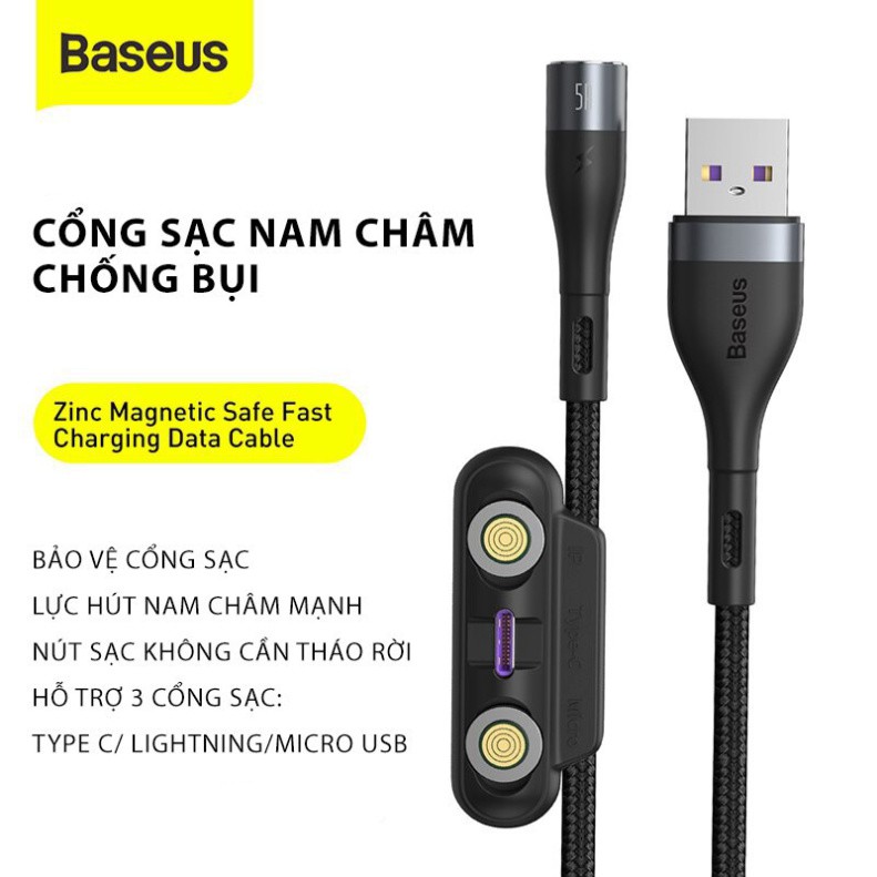 DÂY SẠC NAM CHÂM 3 ĐẦU LIGHTNINNG IPHONE TYPE C MICRO USB ANDROID BASEUS ZINC MAGNETIC CHO XIAOMI SAMSUNG OPPO HUAWEI