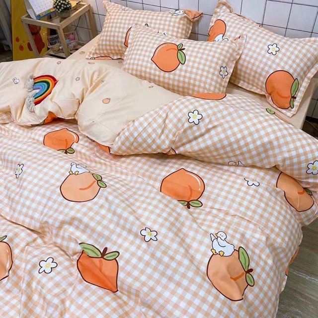 Set Chăn Ga Trái Đào Cam Kẻ Caro Cotton Poly Siêu Xinh Vải Đanh Mát Bền Đẹp (Shinbedding.shop)