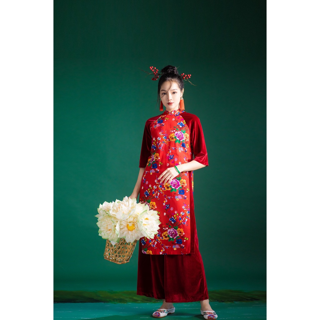 Set áo dài nhung chăn con công hoa đỏ SET125