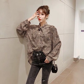 Áo sơ mi họa tiết da báo tay dài thời trang màu thu