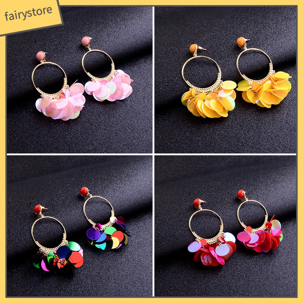 Bông tai dạng tua rua vảy kim loại phong cách Bohemian thời trang dành cho nữ