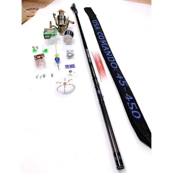 Bộ cần câu lục cần usa dài 4m5 + máy câu 7000 + phụ kiện 14 món y hình cần siêu khoẻ tải cá 20kg combo y hình