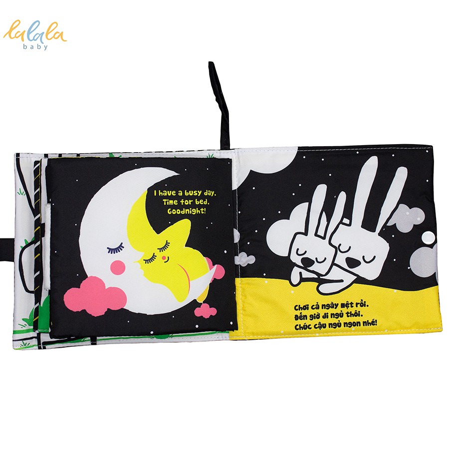 Sách vải Lalala Baby song ngữ kích thích thị giác Let's go Bunny / Đi Nào Thỏ Trắng, kích thước 18x18cm 12 trang