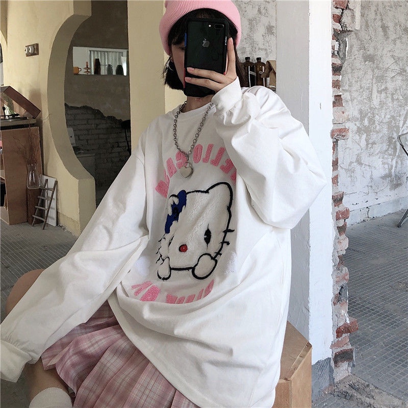 Áo Thun Tay Dài Cổ Tròn Thêu Hình Hello Kitty Đáng Yêu Cho Nữ