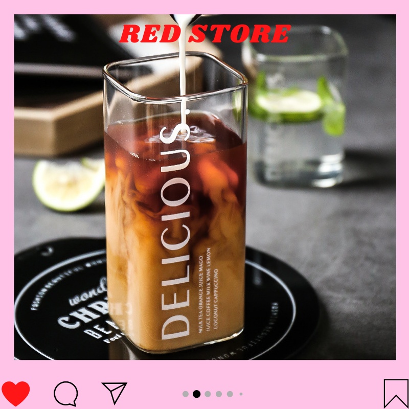 Ly thủy tinh vuông chịu nhiệt dễ thương in chữ DELECIOUS, cốc thủy tinh vuông uống nước, cốc uống cafe cute || RED STORE