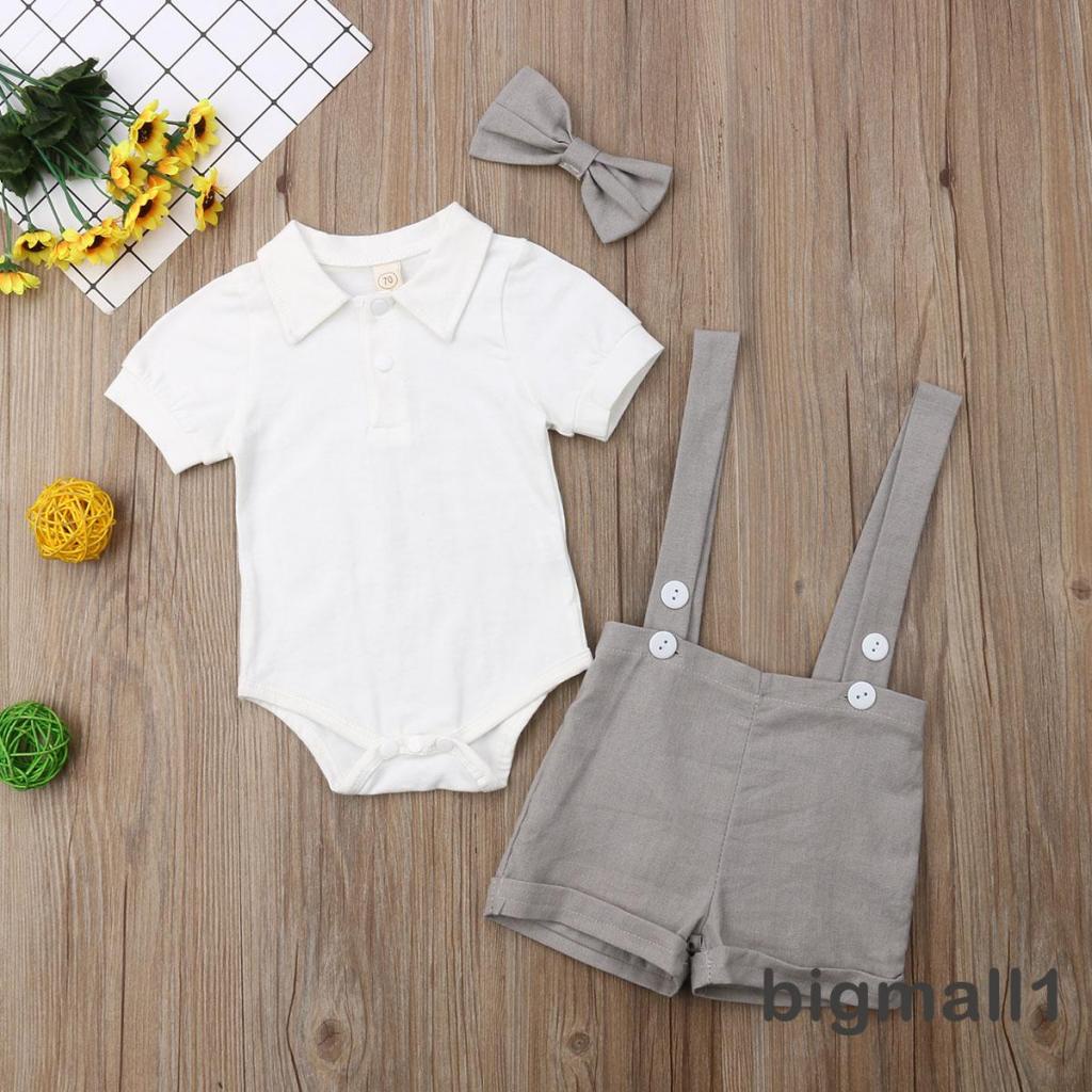 Set 2 món áo liền quần cổ đứng tay ngắn đính nơ màu trơn phối quần yếm thời trang thanh lịch cho bé trai