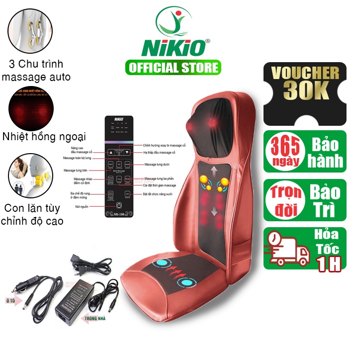 Ghế massage lưng, cổ, mông xoa bóp day ấn rung, nhiệt hồng ngoại Nikio NK-180 - Màu đỏ