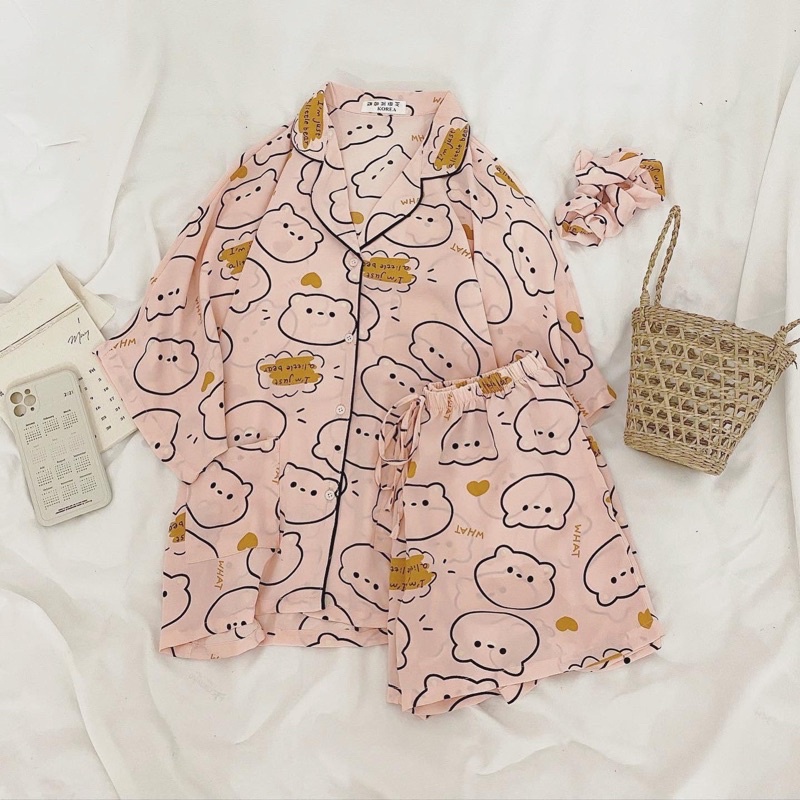 COMBO Bộ Ngủ Pijama Chất Lụa Hoạ Tiết Dễ Thương Kèm Dây Buộc Tóc Scrunchies | BigBuy360 - bigbuy360.vn