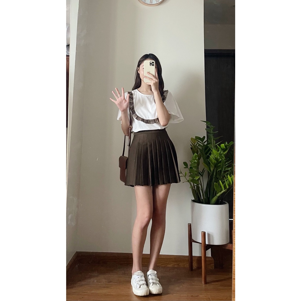 Áo sơ mi ngắn tay màu trắng, áo kiểu cộc tay cách điệu cổ viền nâu xinh xắn, tiểu thư MÃ OC06