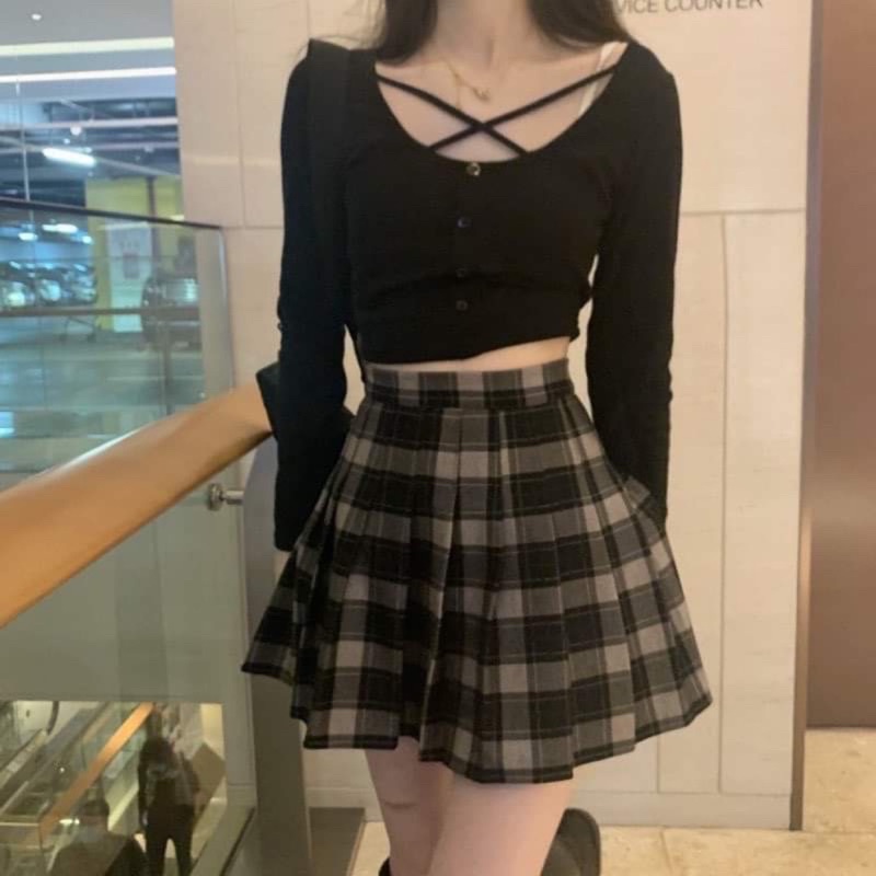 Sét áo thun croptop kèm chân váy dạ kẻ có size SM (hàng sẵn)