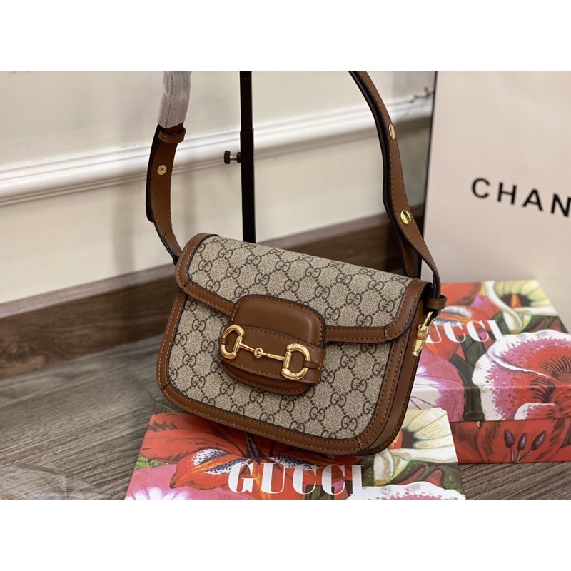 Túi đeo chéo Horsebit 1955 shoulder bag hoạ tiết logo viền nâu fullbox có hộp