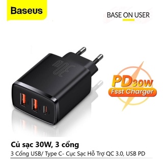 Củ sạc nhanh Baseus 2 cổng/ 3 cổng loại C/PD và USB 20W/30W hỗ trợ sạc nhanh cho iPhone x, xsmax, 11/12/13 Promax ,..