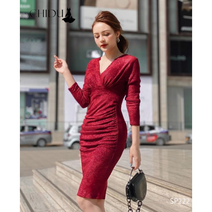 CHIDU đầm công sở body cổ V, đầm body tôn dáng quyến rũ SP222