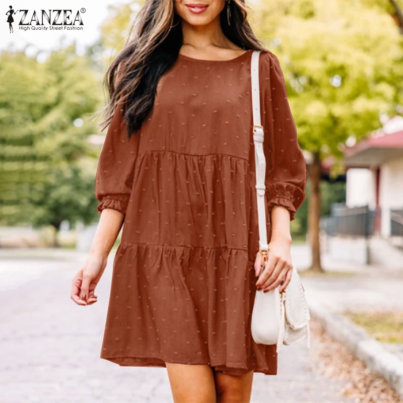 Đầm mini ZANZEA buộc dây sau lưng dáng rộng cổ tròn màu trơn cho nữ