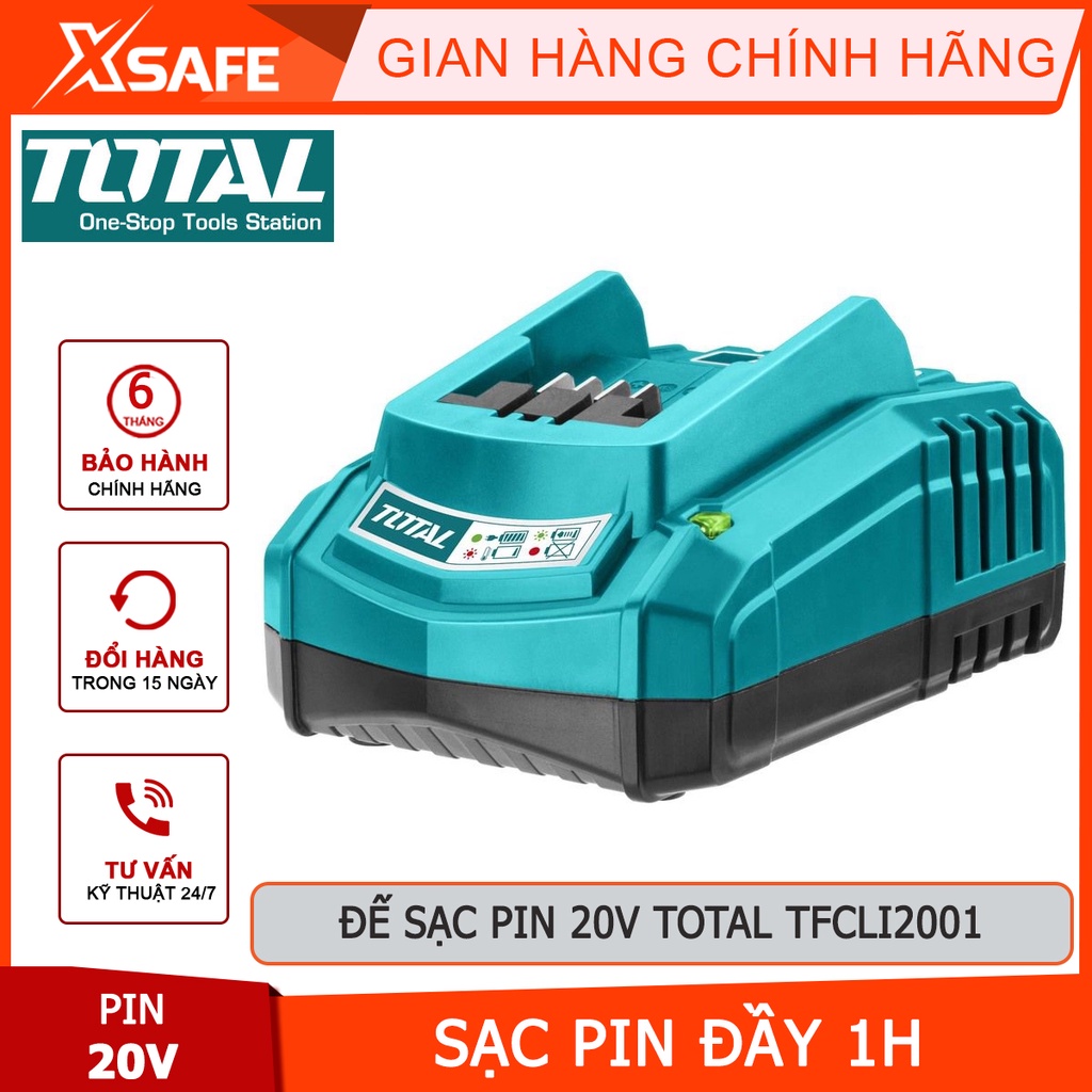 Đế sạc pin TOTAL TFCLI2001 Cục sạc pin nhanh dùng cho các dòng pin 20V của TOTAL, thời gian sạc đầy là 1 giờ -