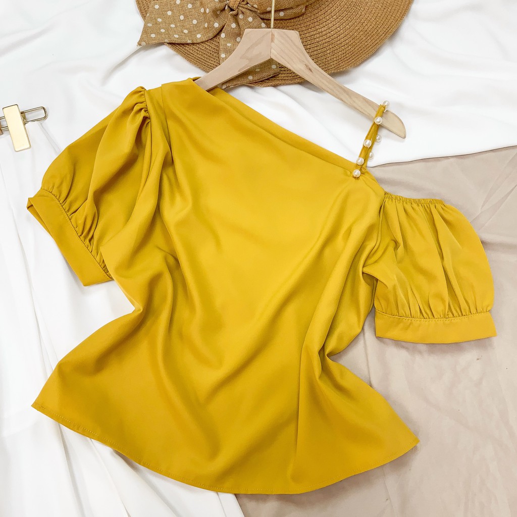 Set bộ rời MIMIX áo lệch vai tay phồng dây vai đính ngọc và quần ống rộng trơn xẻ chân BJ9195 | BigBuy360 - bigbuy360.vn