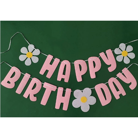 Dây HAPPY BIRTHDAY hoa cúc, bóng hoa cúc trắng họa mi Daisy trang trí sinh nhật, đạo cụ chụp hình