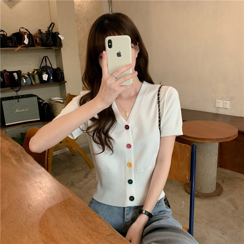 Áo Thun Ngắn Tay Cổ Chữ V Lưng Cao Phối Nút Nhiều Màu Thời Trang Cho Nữ