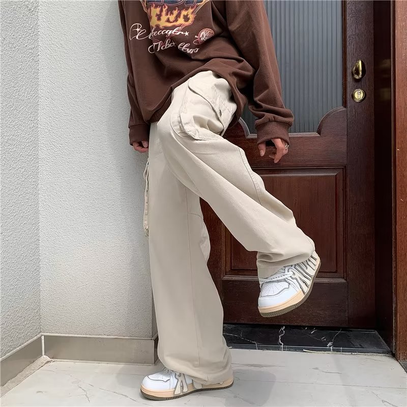 Quần Dài Ống Rộng Lưng Thấp Phối Túi Lớn Phong Cách Hàn Quốc Thời Trang Cho Nam Và Nữ