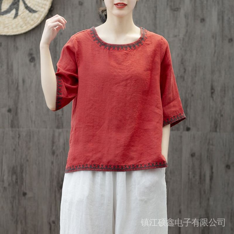 Áo Thun Cotton Lanh Tay Ngắn Cổ Tròn Màu Trơn Thêu Họa Tiết Phong Cách Cổ Điển Thời Trang Mùa Hè Mới Cho Nữ