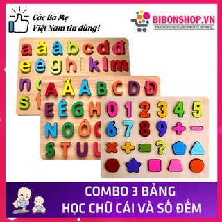 Bộ 3 bảng chữ cái tiếng việt in hoa in thường và số đếm kèm hình khối, giúp bé học chữ nhanh hơn