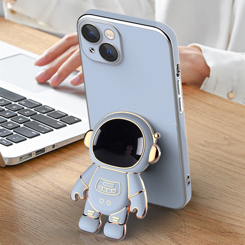 Ốp Điện Thoại Dẻo Tráng Gương Hình Phi Hành Gia 3D Kèm Giá Đỡ Cho iPhone 14 13 11 12 Pro Max 13Pro XS XR X 7 8 Plus