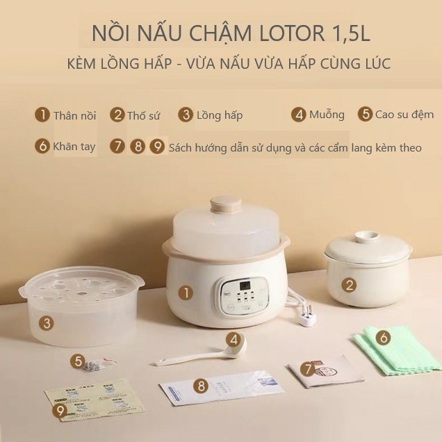 Nồi Nấu Cháo Chậm, Nồi Ninh Hầm Đa Năng Cho Bé Lotor 1,5L (Model: D1) Kèm Lồng Hấp, Vừa Nấu Vừa Hấp Cùng Lúc