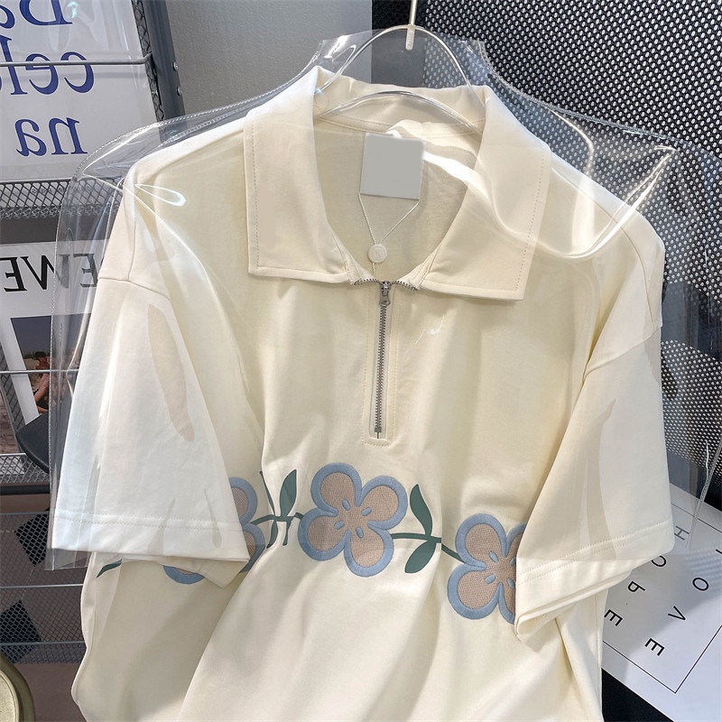 Áo Thun Tay Ngắn Có Khóa Kéo Dáng Rộng Thêu Họa Tiết Phong Cách Cổ Điển Thời Trang Cho Nữ