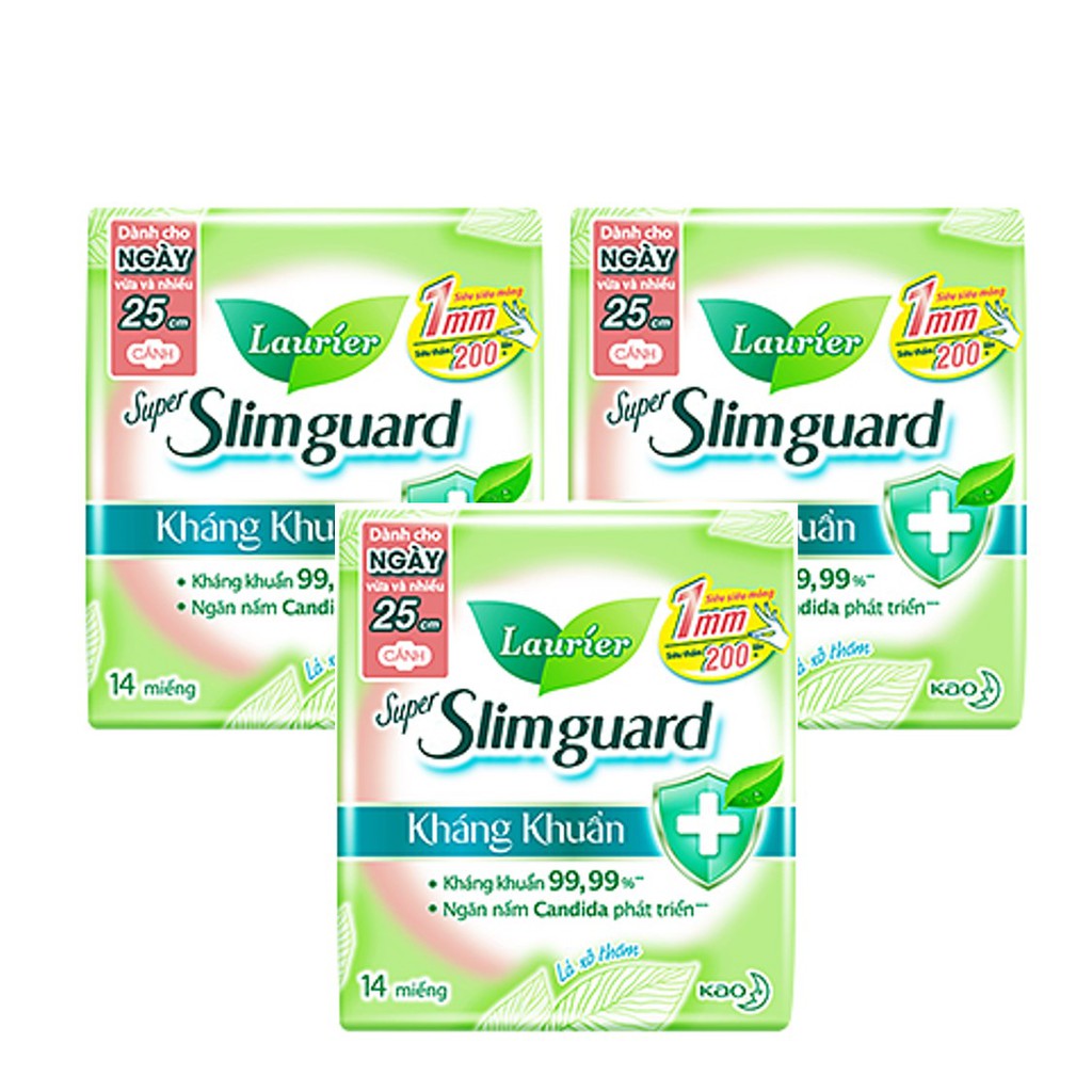 Combo 3 gói Băng Vệ Sinh Laurier Siêu Mỏng Cánh 1mm Super Slimguard Kháng Khuẩn (25cm - 14M)