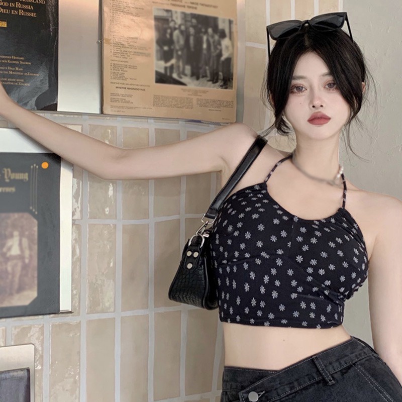Áo Croptop Hai Dây Hở Lưng In Họa Tiết Hoa Phong Cách Hàn Quốc Quyến Rũ Dành Cho Nữ