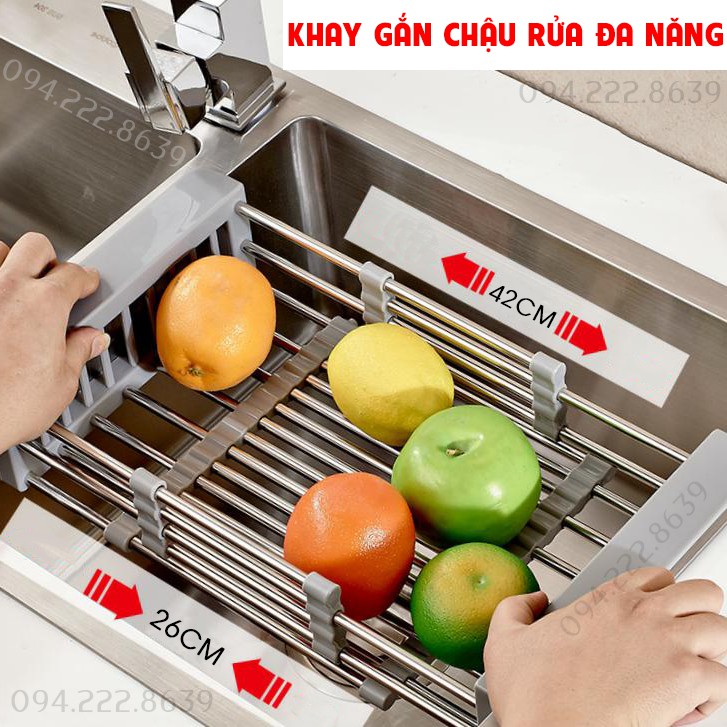 Giá inox gác bồn rửa chén bát đa năng, kéo dãn linh hoạt