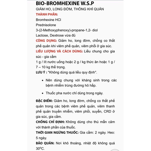 Bio Bromhexine w.s.p 100g chuyên hô hấp cho Gia Súc • Gia Cầm