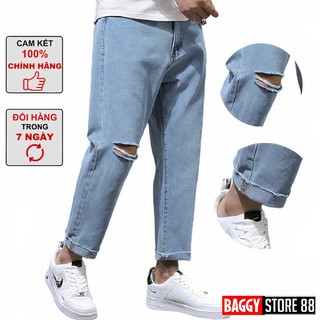 Quần Baggy Nam Xanh Rách Gối - Gấu, Kiểu Dáng Quần Suông Nam Giá Tốt Tại Baggy Store 88