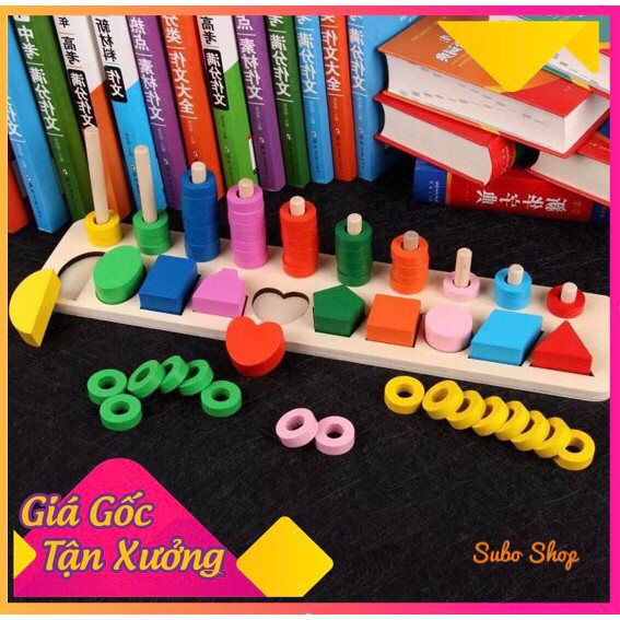 Cột đếm bậc thang 10 cột và hình khối [RẺ VÔ ĐỊCH] bằng gỗ - Giáo cụ Montessori