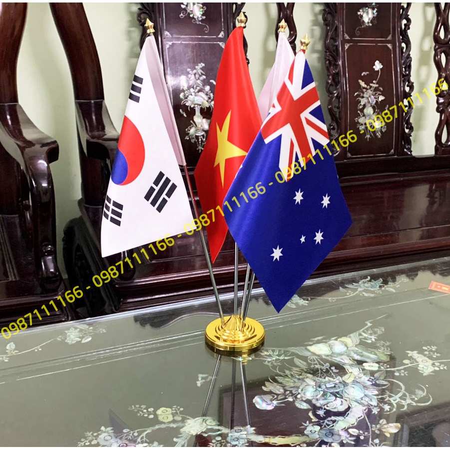 Cờ Để Bàn Trang Trí Đế Inox Loại cắm 4 cờ Việt Nam - Úc - Nhật - Hàn Quốc