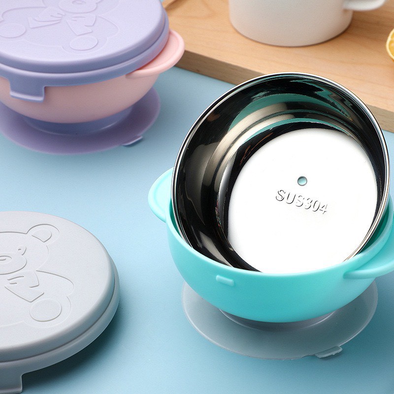 Bát Ăn Dặm inox Chống đổ Đế hút chân không,Hàng cao cấp inox 304 có nắp đậy cho bé