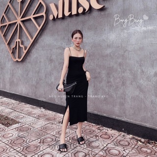 Váy body 2 dây dáng dài xẻ gấu 2 dây bún màu đen