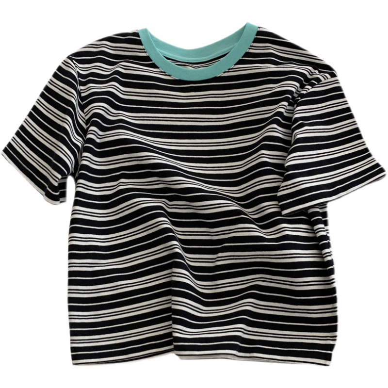 SUXI Áo Thun Ngắn Tay Cổ Tròn Họa Tiết Kẻ Sọc Đơn Giản Thời Trang Mùa Hè Dành Cho Nữ