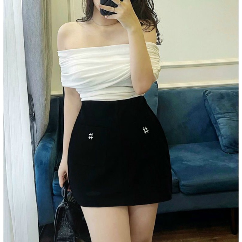 chân váy chữ a phồng túi trước thêu  vải tuyết mưa cạp khóa sau lưng cao có quần bên trong