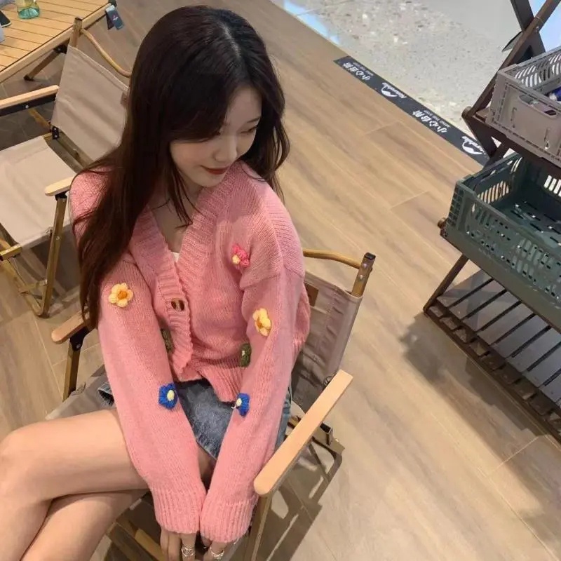 Áo khoác cardigan SUXI dệt kim tay dài dáng rộng in hoa thời trang mùa thu cho nữ