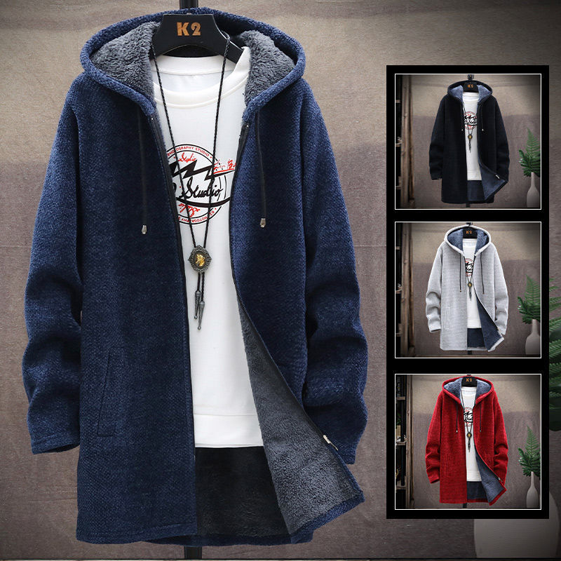 Áo khoác Cardigan dệt kim dáng dài phối nhung dày thiết kế mới thời trang dành cho nam | BigBuy360 - bigbuy360.vn