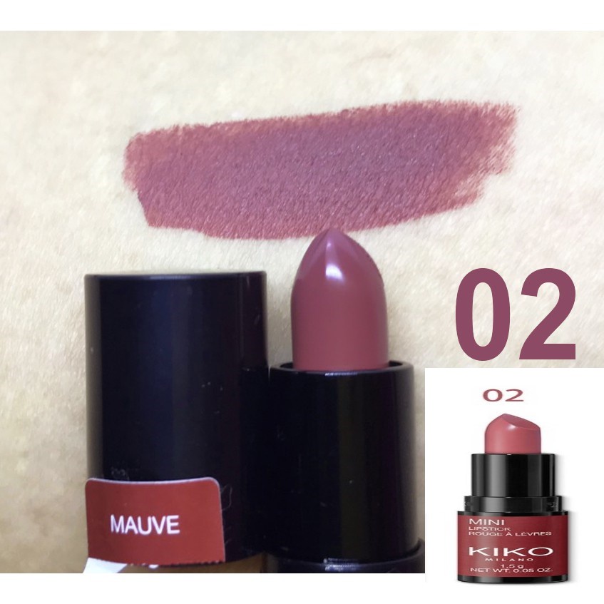 Son lì mini Kiko: 6 màu: hồng nude, hồng tím đất, hồng đất, đỏ nâu, tím hồng, tím đậm