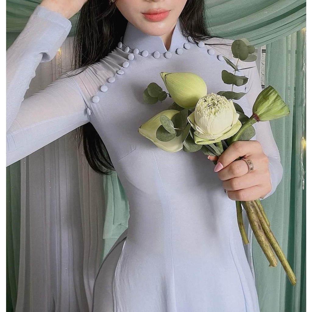 Áo Dài Chiffon 4 Tà Đính Cúc Bọc-Áo Dài Cà Ri